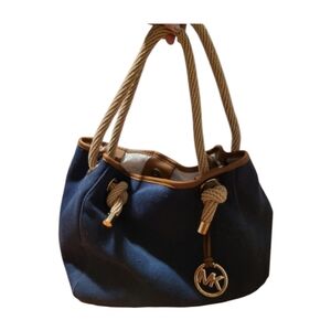 Michael Kors Vintage Navy Blue Rope Handle Slouchy Bag Purse With Gold Hardware